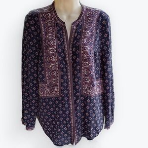 Joie 100% Silk Boho Top Long Sleeve Hidden Buttons Navy & Maroon Print ~ S